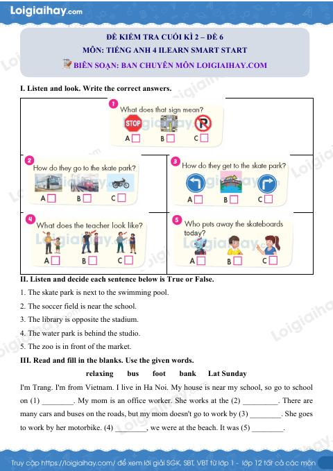 Đề thi học kì 2 Tiếng Anh 4 iLearn Smart Start - Đề số 6